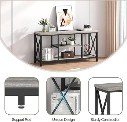 FOLUBAN Modern TV Stand for TVs up to 55 Inch, Rustic Wood Entertainment Center with Storage Shelves, Industrial Media TV Console and TV Table for Living Room Bedroom, 47 Inch Light Grey