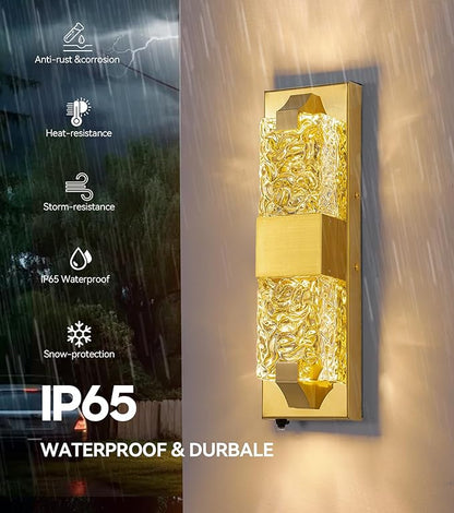 Dusk to Dawn Outdoor Lighting 2 PCS 15.6'' Porch Lights Outdoor IP65 Waterproof Gold Exterior Lighting Fixtures 12W LED Ripple Crystal Glass Modern Outside Light for House Hallway Doorway Patio