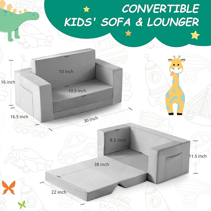Kids Couch, 2-in-1 Toddler Chair Comfy 1-3 Years, Convertible Kids Chair, Toddler Couch That Fold Out, Kid Lounge Chairs for Boys and Girls, Soft Coral Fleece, Double, Grey