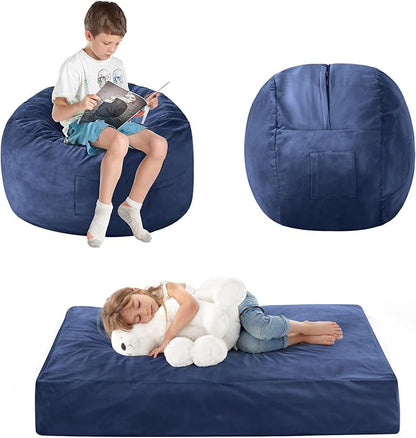 Kids Bean Bag Chair Bed - Convertible Lazy Chair to Floor Mattress with Filler - Small Beanbag Chair for Boys and Girls - Floor Couch Sofa in Bedroom, Classroom, Reading Nook - Navy Blue
