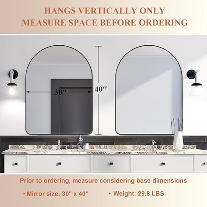 ANDY STAR 30x40 Inch Arched Wall Mirror, Stainless Steel Frame Metal Frame with Black Finish, Large Arch Mirror Perfect for Bathroom, Vanity, Living Room