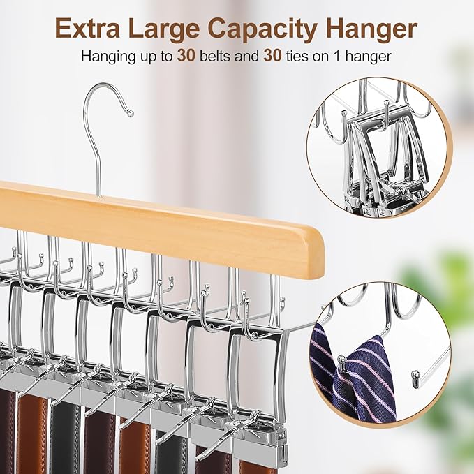 TOPIA HANGER 2 in 1 Belt Tie Hanger for Closet Max 30 Belts with 30 Ties Capacity, 20 Hooks Belt Tie Racks Wooden Hanger for Closet Organizer Storage Space Saving “U” Fit Belt and “一” Fit Tie - CT47N