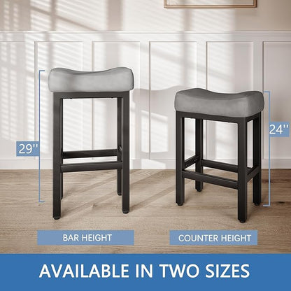 29 Inch Bar Height Bar Stools Set of 2, 29" Barstools for Kitchen Island Counter, Backless Bonded Leather Bar Height Stools with Thick Saddle Seats & Heavy Duty Metal Base, Easy Assembly, Gray/Black