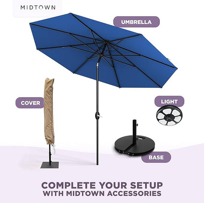 Midtown Umbrellas - The Lean 10 Ft Patio Umbrella with Fade-Resistant Sunbrella Fabric, Auto-Tilt Aluminum Frame and 8 Reinforced Ribs for Deck, Pool & Garden - Dark Blue Canopy, Black Pole