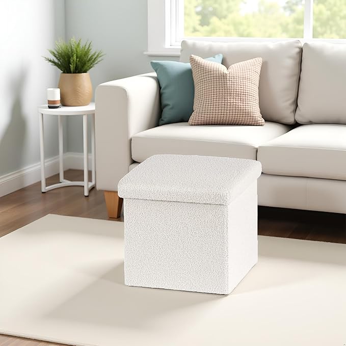 Folding Storage Ottoman Cube - Small Footrest with Sherpa Top, Multi-Functional Storage for Bedroom, Living Room,White