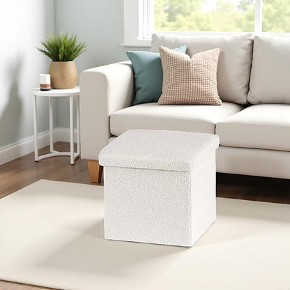 Folding Storage Ottoman Cube - Small Footrest with Sherpa Top, Multi-Functional Storage for Bedroom, Living Room,White
