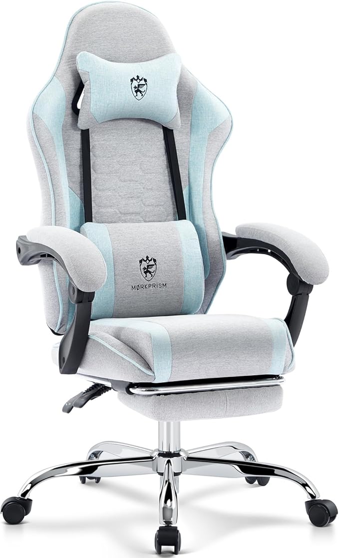 Gaming Chair Breathable Fabric,Computer Office Chair with Footrest,Massage Lumbar Support and Gel Pad,Ergonomic Reclining Adjustable Gamer Chair with Headrest and Spring Cushion Grey Blue