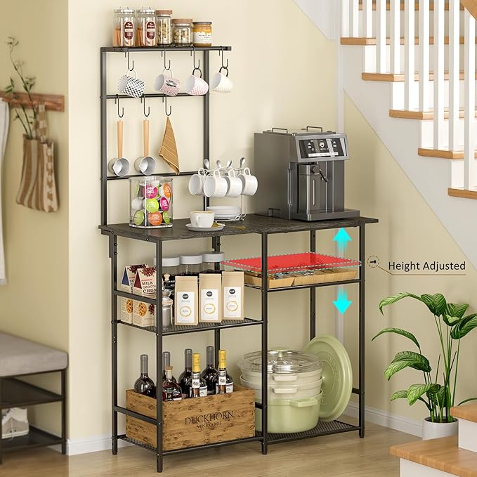 Baker's Rack for Kitchen with Storage, Microwave Stand with Adjustable Shelves, Kitchen Stand with 10 S Hooks, 6-Tier Coffee Bar Station, Kitchen Shelves for Spices, Pots, Gray