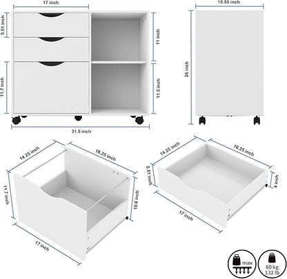 QDSSDECO 3-Drawer with Shelf Wood File Cabinet Mobile Lateral Filing Cabinet, with Rolling Wheel Printer Stand and Open Adjustable Storage Shelves, for Home Office, White