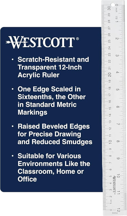 Westcott Acrylic Clear Ruler, Easy-to-Read Markings, Scratch-Resistant Design, Raised Beveled Edges, for Crafting, Office, Classroom, Back to School, School Supplies, 12-Inch