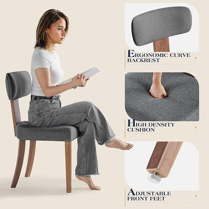Mid Century Modern Dining Chairs Set of 2, Linen Upholstered Kitchen Chairs with Curved Backrest & Adjustable Legs for Living Room/Bedroom/Lounge, Easy to Install, Grey Linen