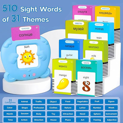 English Flash Cards Bilingual - Russian Talking Flash Cards for Kids, Pocket Speech for Toddlers 3-12, 510 Sight Words of 31 Varieties, Sensory Toys Children with Autism (Russian, Blue)