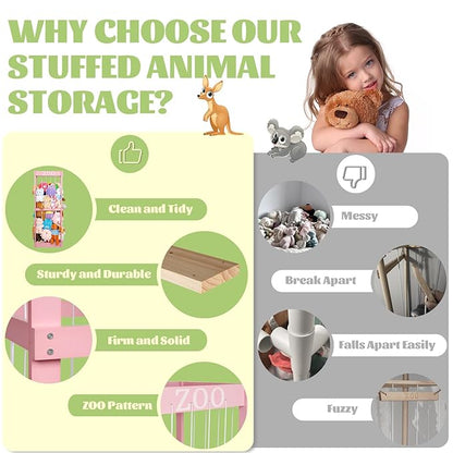 Trycooling Stuffed Animal Zoo Stuffed Animal Storage Wood Plushie Storage Stuffed Animals Zoo Storage Cage with Zoo Pattern Elastic Band for Nursery Play Room Bedroom (Pink)