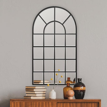 Black Arched Window Mirror, Large Window Pane Mirror with Beveled, Metal Framed Windowpane Mirrors, 28.5" X 50" Arched Wall Mirrors for Wall Decor, Entryway, Living Room