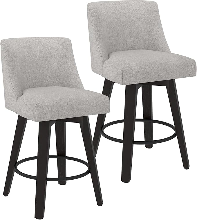 Counter Height Swivel Bar Stools Set of 2, 26 Inch Bar Stools with Footrest, Linen Fabric Upholstered Barstools with Back and Solid Wood Legs for Kitchen Island, Dining Room,Pub,Light Grey