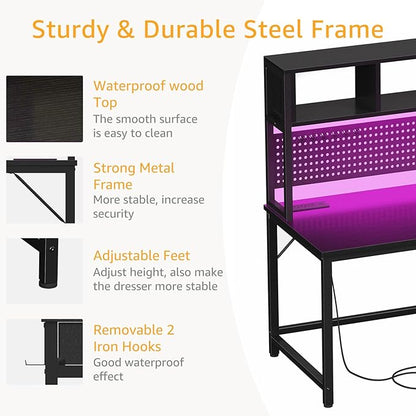 Black Gaming Desk with Hutch and Pegboard - 47 Inch Gaming Desk with Shelves Storage Power Outlets, Computer Teen Work Study Writing Desks for Bedroom Home Office