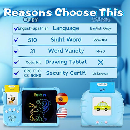 English Spanish Flash Cards for Kids 3-12 - Drawing Writing Tablet for Toddlers, Sensory Toys for Autistic Children, 510 Sight Words, Travel Activities for 4 Year Old Girl Boy (Blue)