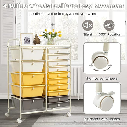 COSTWAY 15 Drawer Rolling Storage Cart, Multipurpose Mobile Storage Organizer w/Removable Drawers & Metal Frame, Utility Tools Paper Organizer on Wheels for Home, Office (Yellow, Beige & Grey)