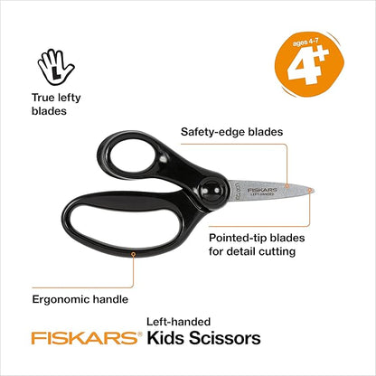 Fiskars 5" Left-Handed Pointed-Tip Scissors for Kids Ages 4-7, Scissors for School or Crafting, Back to School Supplies, Black