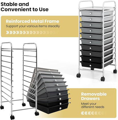COSTWAY 10-Drawer Rolling Storage Cart, Utility Mobile Trolley with Removable Drawers & Universal Casters & 2 Brakes, Versatile Flexible Drawer Organizer Cart for Home, Office, Mixed Black