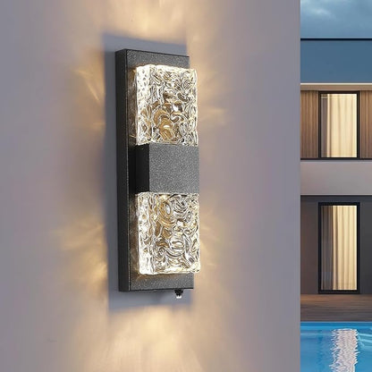 Dusk to Dawn Outdoor Lighting Fixture Wall Mounted - 14.2'' IP65 Waterproof Wall Sconce with 12W LED Crystal Modern Outside Wall Lamp for Hallway Doorway Porch Patio Backyard, Black, 1PCS