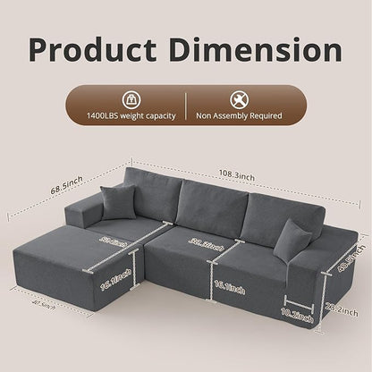 Modular Sectional Couch Modern 108" L Shaped Boneless Cloud Couch with Deep Seat, Sectional Sofa for Living Room Bedroom Apartments Dorms, No Assembly Required, Dark Grey