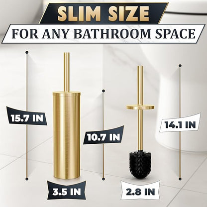 Gold Toilet Brush and Holder Set - Brushed Stainless Steel Gold Toilet Bowl Brush and Holder with Replacable Head, Removable Inner Bowl, and Splash Protection - Dense Bristles for Through Cleaning