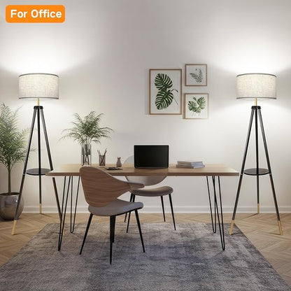 OUTON Wood Tripod Floor Lamp with Shelves, Mid Century Floor Lamp with Remote Control, 4 Color Temperature, LED Modern Dimmable Standing Lamp for Living Room, Bedroom, Office, Black & Gold