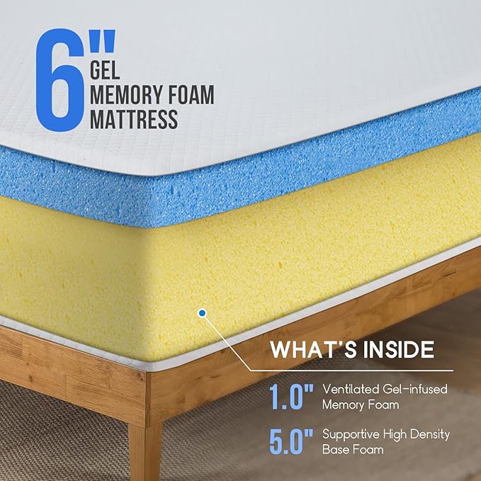 FDW | 6 Inch Twin Mattress | Medium Firm | Gel Memory Foam Mattress | White | Bed in a Box, CertiPUR-US Certified | Pressure Relief, Cooling Ventilated Foam | Washable Removable Cover