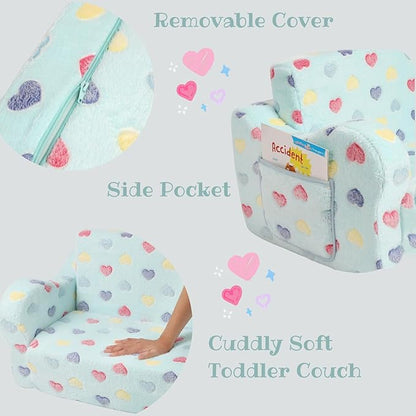 Extra Wider Seating Toddler Couch, 2-in-1 Toddler Soft Couch Fold Out with Star Pillow, Convertible Sofa to Lounger for Girls and Boys