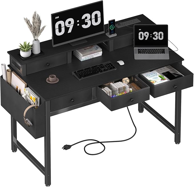 Lufeiya Computer Desk with Drawers for Home Office Bedroom, 40 inch Black Writing Study Teacher Desks with Fabric Drawers Storage, Gaming Desk Table with Power Outlet & Monitor Stand, Black