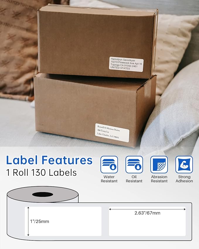 Phomemo Address Labels for M-Series Label Makers, Thermal Mailing Stickers, Easy to Peel Off. White, 1" x 2-5/8", 130 Per Roll, 3 Rolls