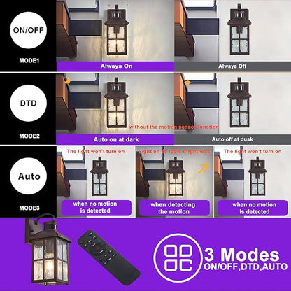 Porch Lights Outdoor with Remote Control: 2 Pack Motion Sensor Exterior Lighting Fixtures Intelligent 4 Lighting Modes Outdoor Wall Lights Sconce Lights for House Patio Front Door Garage