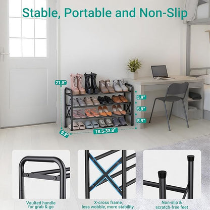 3-Tier Expandable Shoe Rack for Closet Floor, X-Frame Metal Small Shoe Rack for Entryway, Adjustable Shoe Shelf Organizer, Free Standing Shoe Racks for Front Door Entrance, Garage - Black