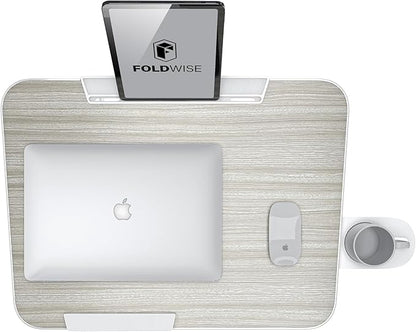 FoldWise Upgraded Folding TV Tray Table - Extra Large & Sturdy Laptop Table for Couch, Height & Angle Adjustable Desk for Dinner, Work & TV - Includes Footrest, Cup Holder, iPad Holder & Edge Stopper