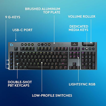 Logitech G915 X Lightspeed Low-Profile Wireless Gaming Keyboard, Double-Shot PBT Keycaps, Fully Programmable Keys, RGB Backlighting, Sleek Aluminum Finishing, GL Blue Clicky Switches - PC/Mac - Black