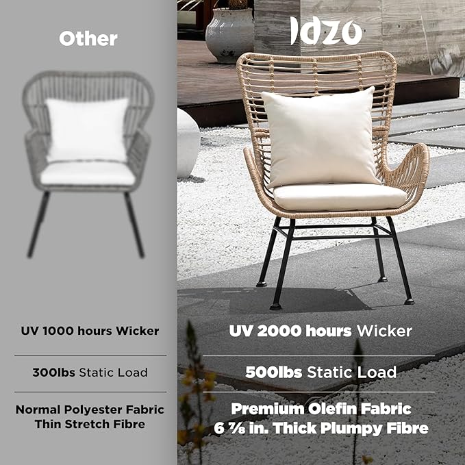 IDZO Isabelle Wicker Chairs Set of 2, 2000 Hours UV Wicker Rattan Chair, 500lbs Capacity Boho Patio Chairs with Thick Olefin Cushions and Pillows for Patio, Indoor Use