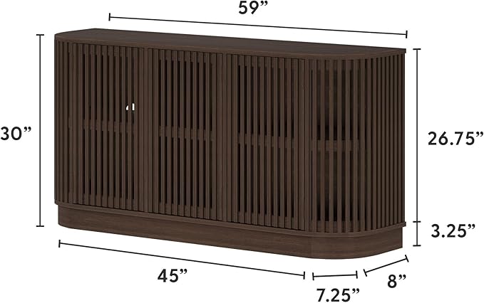 Plank+Beam Contour Wood TV Stand, Three Door Solid Wood Entertainment Console with Storage, 59" L x 16" W x 30" H, Walnut
