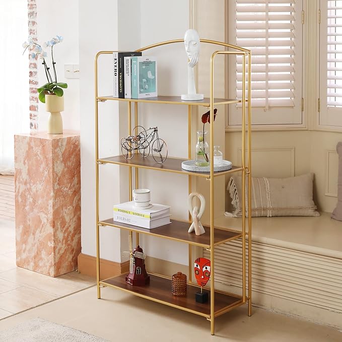 Crofy No Assembly Folding Bookshelf for Living Room, 4 Tier Gold Collapsible Book Shelf for Home Office, Portable Bookcase Storage Organizer