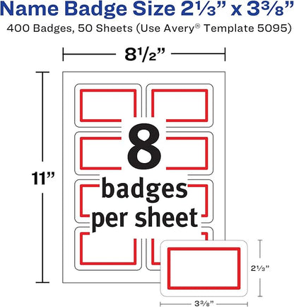 Avery Flexible Printable Name Tags, 2-1/3" x 3-3/8", White with Red Border, 400 Removable Name Badges (05095)