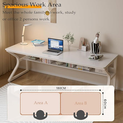 Extra Long Desk with Bookshelf - 71" Double Long Writing Table for 2-Person Workstation, Modern Study Work Computer Desk for Home and Office, Warm White