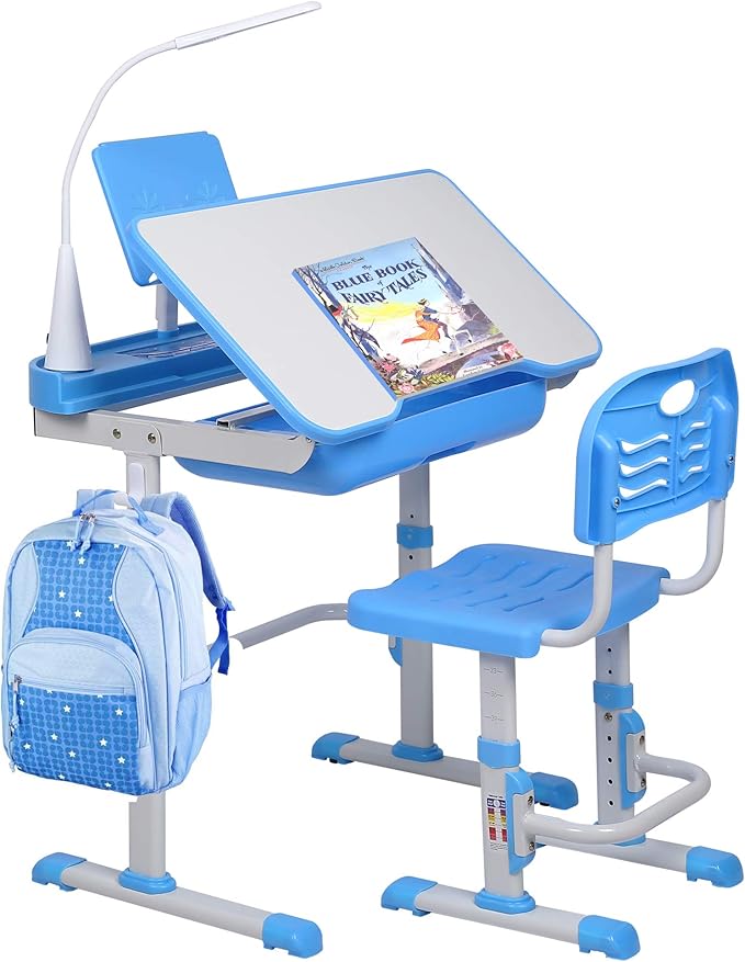 Kids Desk and Chair Set, Height Adjustable Child's School Study Writing Tables with Tilt Desktop, LED Light, Storage Drawer, Book Stand (Blue)