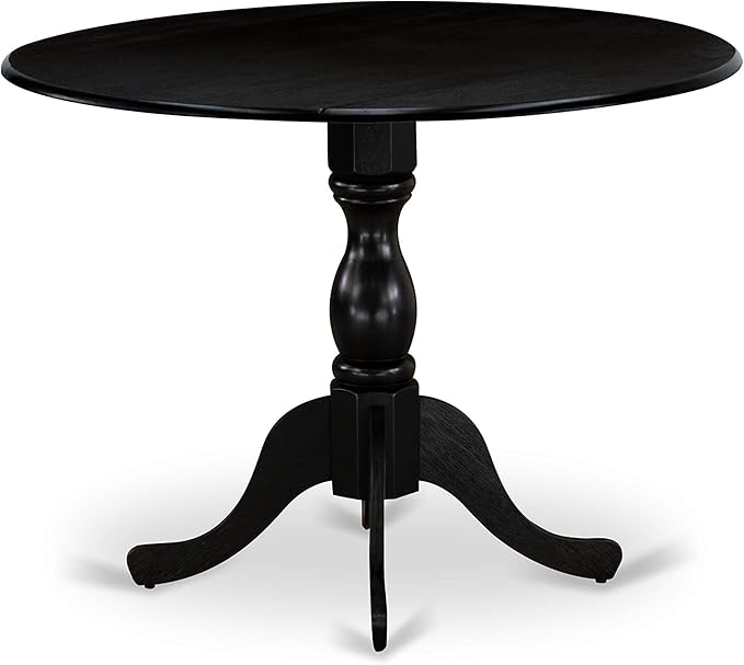 East West Furniture DMAB3-ABK-24 3 Piece Modern Dining Table Set Contains a Round Wooden Table with Dropleaf and 2 Black Color Linen Fabric Upholstered Chairs, 42x42 Inch, Wirebrushed Black