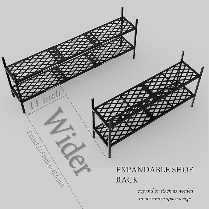 Shoe Rack, Expandable Shoes Organizer Metal Shelf Stand, 2 Tier Stackable Long Shoe Storage Holder For Closet, Floor, Entryway, Garage, Bedroom, Door Entrance For 12-18 Pairs, 45.6 inches Black