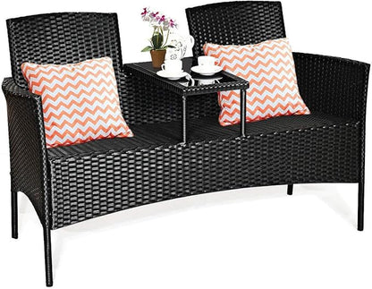 HAPPYGRILL Patio Loveseat Rattan Wicker Loveseat with Coffee Table, Outdoor Conversation Sofa Furniture with Cushions for Garden Lawn Backyard Porch