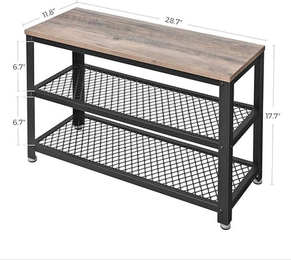 VASAGLE 3-Tier Shoe Rack, Shelf Storage Bench with Metal Mesh Shelves and Seat, Free Standing Shoe Organizer for Entryway, 11.8 x 28.7 x 17.7 Inches, Greige and Black ULBS73MB
