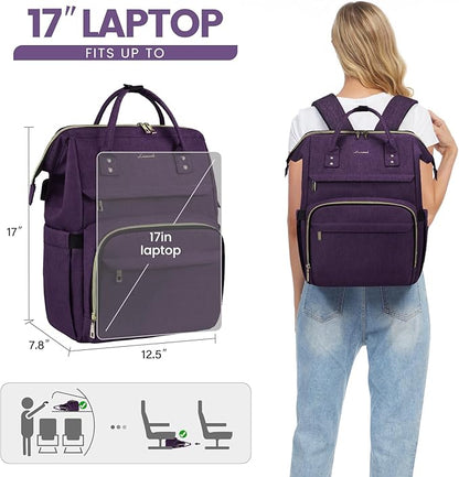 LOVEVOOK Laptop Backpack for Women,17 Inch Professional Womens Travel Backpack Purse Computer Laptop Bag Nurse Teacher Backpack,Waterproof Work Bags Carry on Back Pack with USB Port,Dark Purple