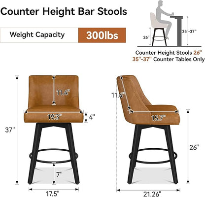 Counter Height Bar Stools Set of 8, Modern Swivel Barstools with Back and Wood Legs, Faux Leather Upholstered Bar Chairs, 26" H Kitchen Counter Stools, Kitchen Island Home Bar, Whisky Brown