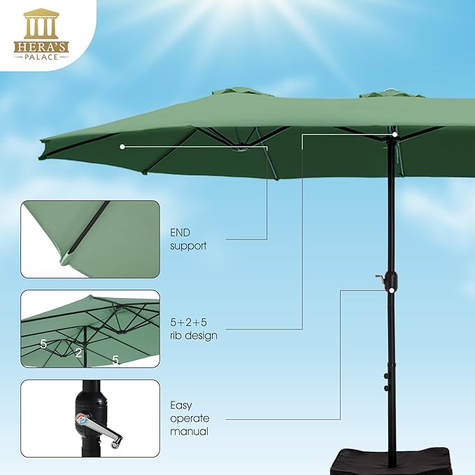 HERA'S PALACE 15ft Umbrella Patio Outdoor with Base Large Rectangle Table Double Market Umbrellas Clearance Included Stand for Deck Outside Pool Picnic Inground Yard Commercial, Mint
