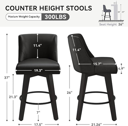 Counter Height Swivel Bar Stools Set of 6, 26 Inch Bar Stools with Footrest, Faux Leather Upholstered Barstools with Back and Solid Wood Legs for Kitchen Island, Dining Room,Pub,Black